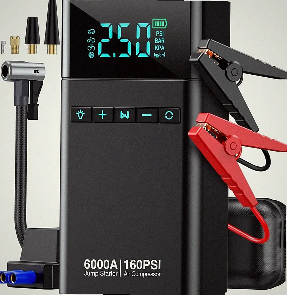 10-in-1 Portable Car Battery Jump Starter with Air Compressor, 6000A 160PSI Port