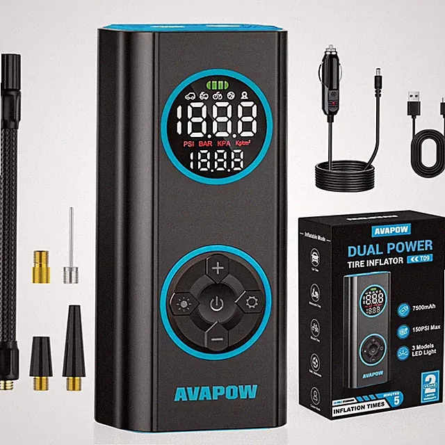 AVAPOW T09 Portable Tire Inflator - 150PSI Cordless Air Compressor Dual Power